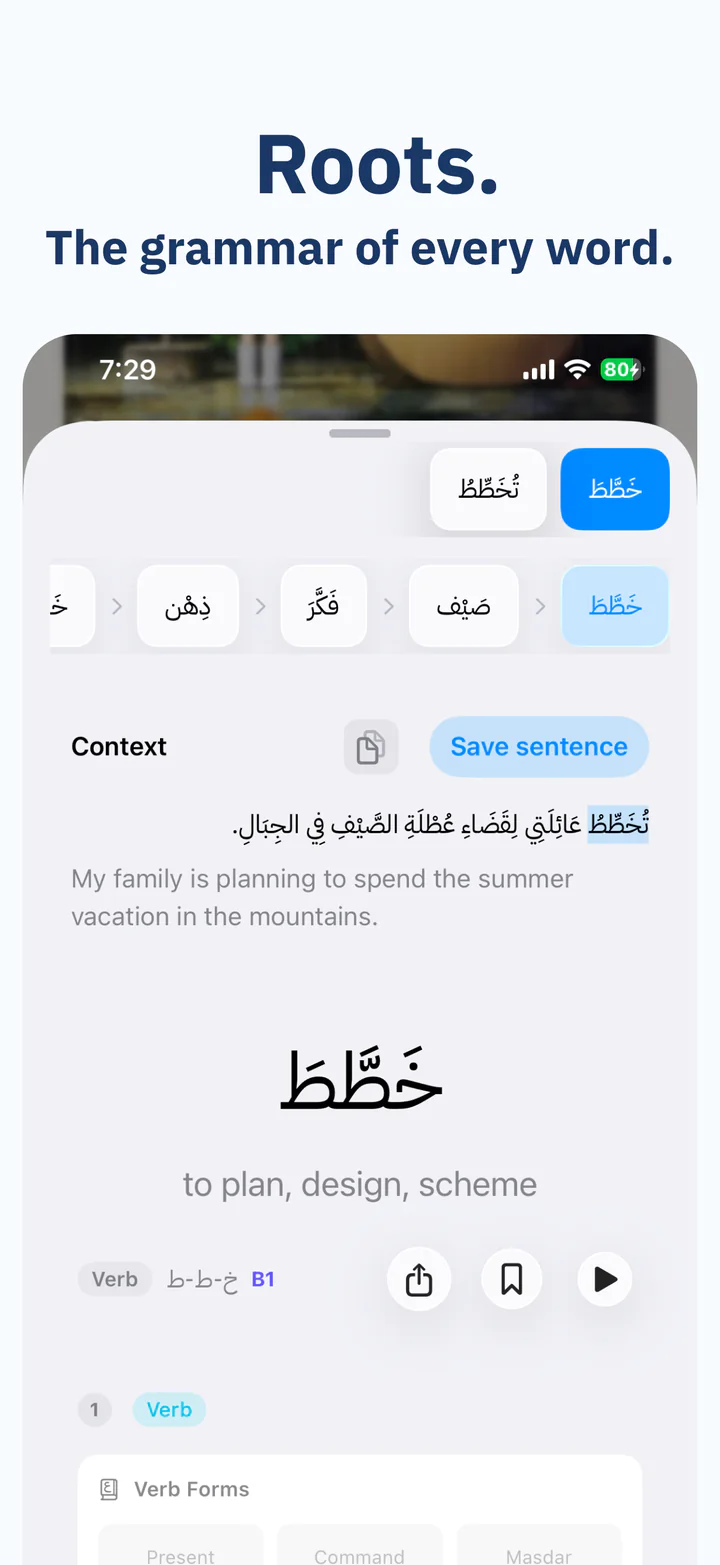 A dictionary entry with root, forms, and context