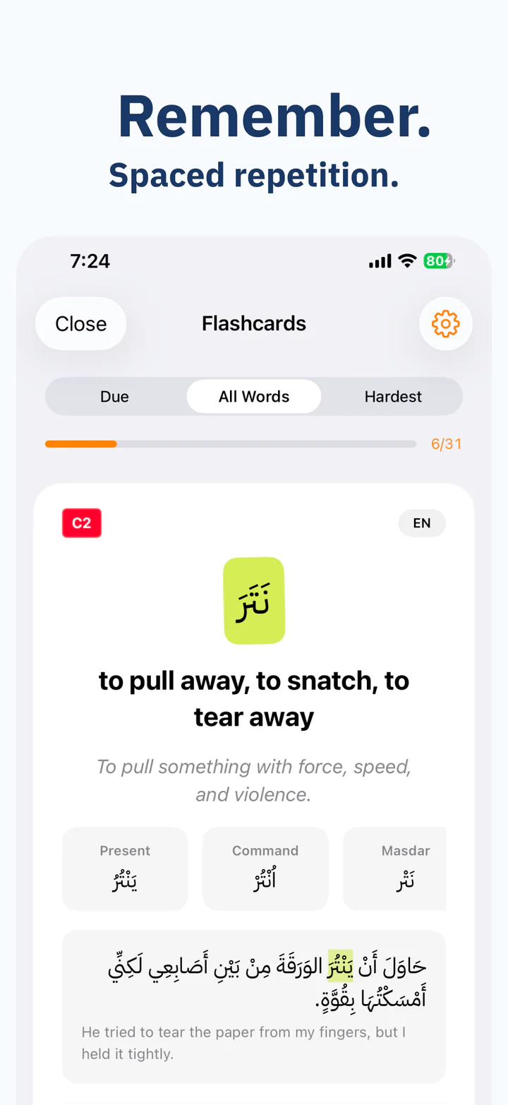 Fasaha flashcards: a due word with its forms and example sentence